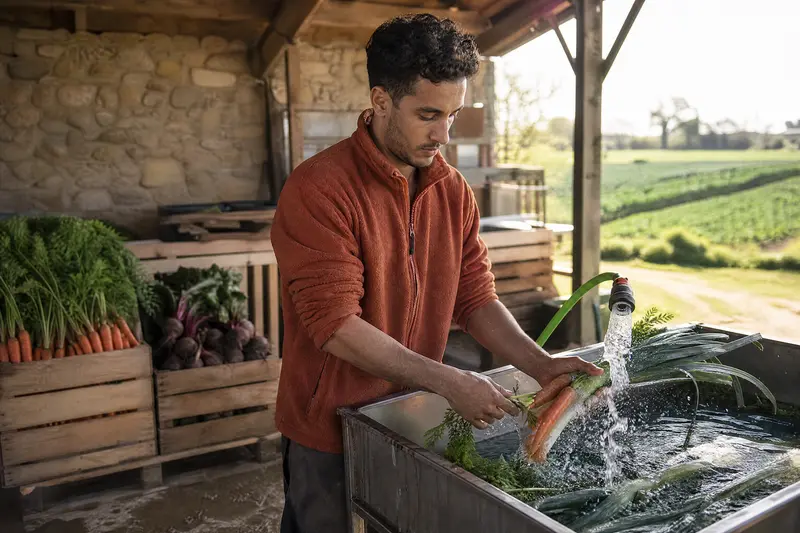 Yanis lave des carottes et des poireaux dans un grand bac en inox sous l'abri en pierre, des caisses de carottes et de betteraves derrière lui.