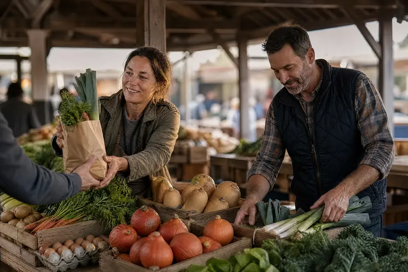 Le stand du marché sous la halle : Élise et Thomas derrière un étal en bois chargé de courges, de poireaux et de salades.