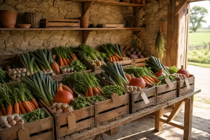 Dans le local de retrait, des caisses en bois préparées au nom de chaque client, remplies de légumes, d'œufs et de salades.