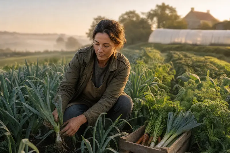 Élise, accroupie entre les rangs de poireaux à l'aube, arrache un poireau ; une caisse de carottes et de poireaux à côté d'elle.