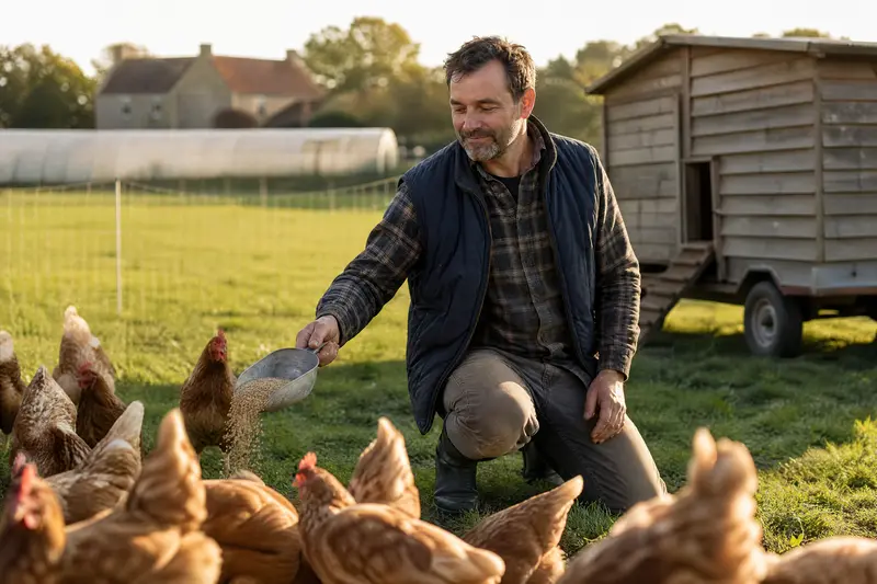 Thomas, à genoux sur le parcours, lance du grain aux poules rousses devant le poulailler mobile.