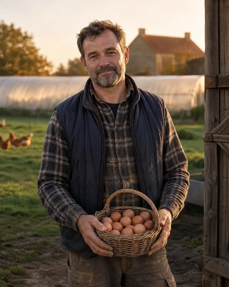 Thomas, la quarantaine, barbe grisonnante, gilet sans manches et chemise à carreaux, tient un panier d'œufs dans la cour, des poules derrière lui.