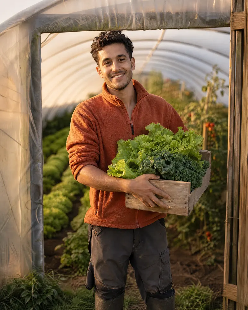 Yanis, la vingtaine, cheveux noirs bouclés, polaire rouille, porte une caisse de salades et de chou kale à l'entrée du tunnel.