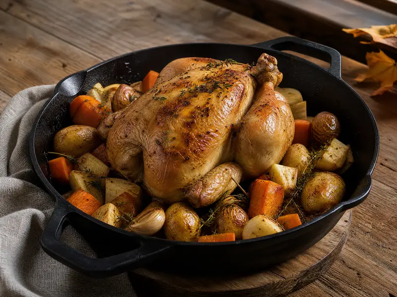 Un poulet rôti doré dans un plat en fonte, entouré de carottes, de panais, de pommes de terre et de céleri rôtis.