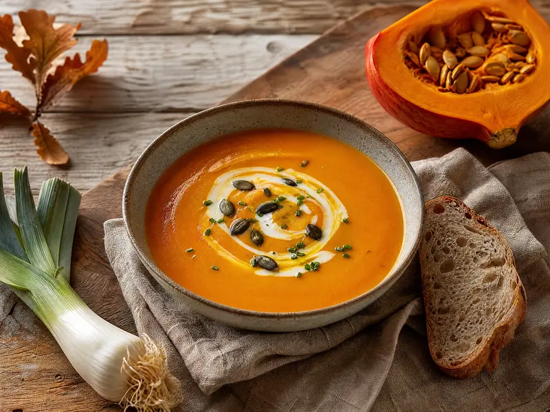 Un bol de velouté orange de potimarron, un trait de crème et des graines, sur une table en bois.