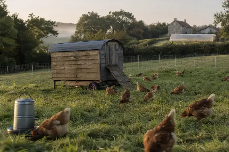 Le poulailler mobile en bois sur son parcours herbeux, entouré de poules rousses, la longère et le tunnel au loin dans la brume.