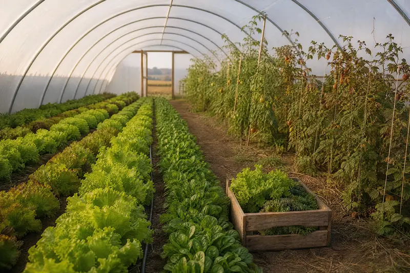 L'intérieur du tunnel : rangs de batavias et d'épinards, dernières tomates et framboisiers, une caisse en bois dans l'allée.